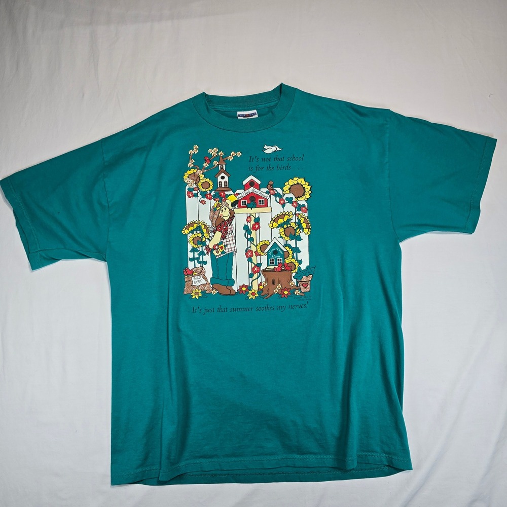 Vintage 90s Jerzees Smartees Christi Bailey Birdhouse T-Shirt Teal Green XL USA